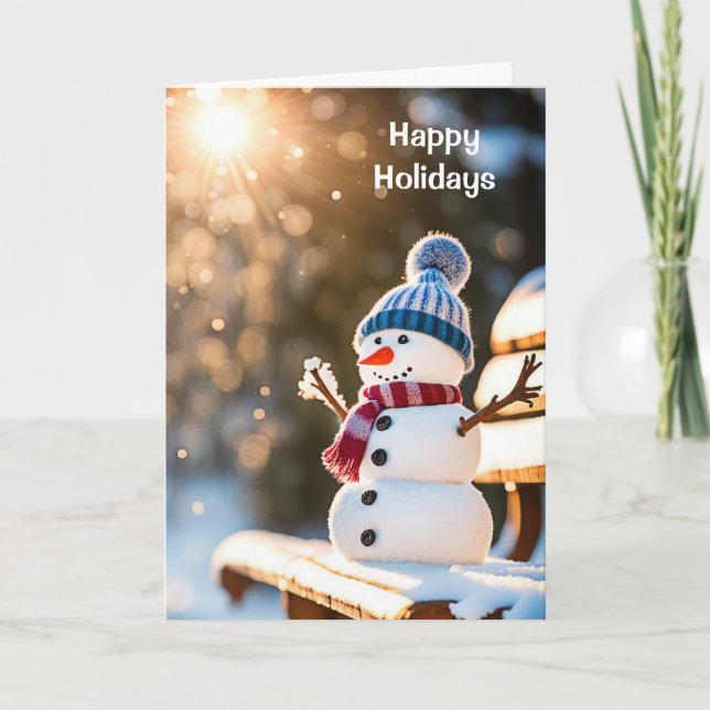 Tarjeta Festiva Navidades Snowman en un banco de parque (Anverso)