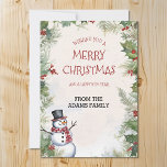 Tarjeta Festiva Navidades Snowman Holly Fir y la familia de la esc<br><div class="desc">Exclusivamente de los diseños de 4days,  nuestros Navidades nevan,  holly y fir nevado carta de escena. Personalice su tarjeta con su propia familia o nombre de negocio para que sea la suya.</div>
