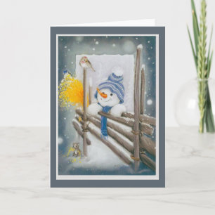 Tarjeta Festiva Navidades Snowman mirando a Bird