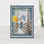 Tarjeta Festiva Navidades Snowman mirando a Bird<br><div class="desc">Navidades Snowman mirando a Bird</div>