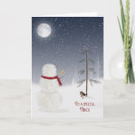 Tarjeta Festiva Navidades Snowman por sobrina<br><div class="desc">Hombre de nieve con estrella dorada para pino bajo luna llena.</div>