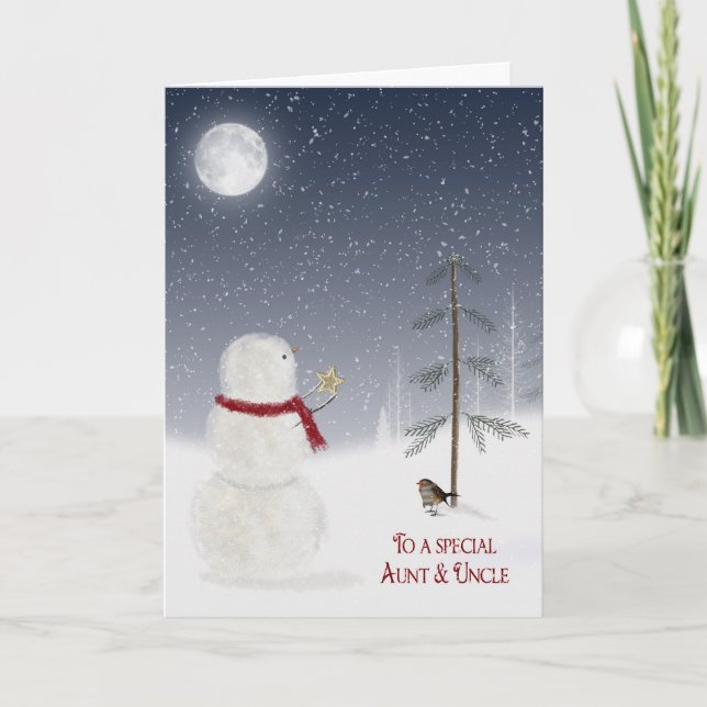 Tarjeta Festiva Navidades Snowman por tía y tío (Anverso)