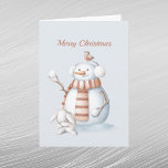 Tarjeta Festiva Navidades Snowman Snowball Rabbit Watercolor<br><div class="desc">Un muñeco de nieve sosteniendo bolas de nieve y un conejo agachado.</div>
