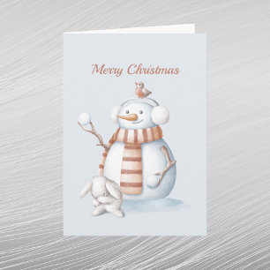 Tarjeta Festiva Navidades Snowman Snowball Rabbit Watercolor