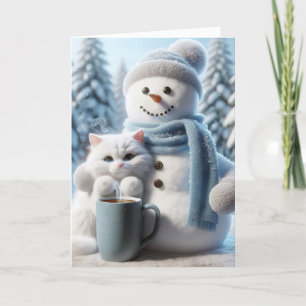 Tarjeta Festiva Navidades Snowman Y Gato Blanco