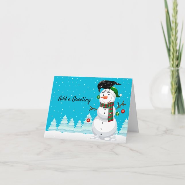 Tarjeta Festiva Navidades Snowman y Raven (Anverso)