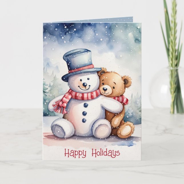 Tarjeta Festiva Navidades Snowman Y Teddy Bear (Anverso)