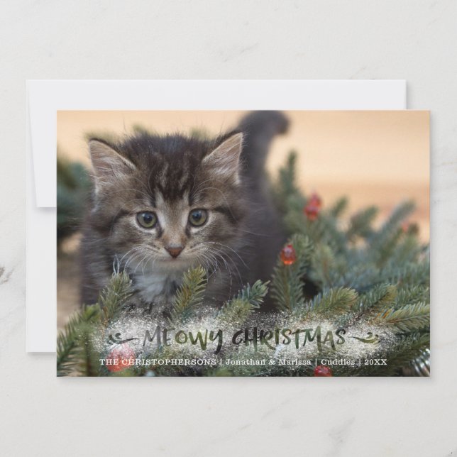 Tarjeta Festiva Navidades Snowy MEOWY con guión de pincel de foto  (Anverso)