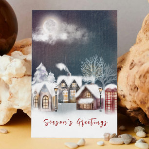 Tarjeta Festiva Navidades Snowy Moonlit Village en invierno
