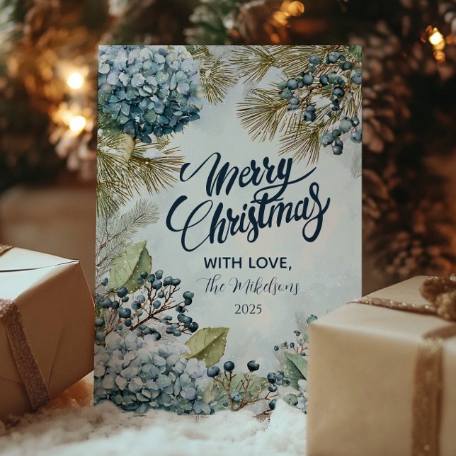 Tarjeta Festiva Navidades Snowy Pine Hydrangea (Subido por el creador)