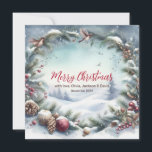 Tarjeta Festiva Navidades Snowy Winter Frame<br><div class="desc">La imagen muestra un fondo nevado con árboles,  una corona de Navidades,  pájaros voladores,  ornamentos y ramas de pino.</div>