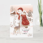 Tarjeta Festiva Navidades, sobrina, ciervo, Chica y hombre de niev<br><div class="desc">En esta tarjeta de Navidades de estilo vintage para Niece, he pintado una niña dulce atando una bufanda roja alrededor del cuello de un gran muñeco de nieve. Un lindo ciervo bebé mira. El chica lleva un vestido largo bajo un pesado abrigo rojo con un efecto de piel blanca que...</div>