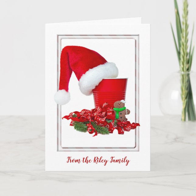 Tarjeta Festiva Navidades sombrero de Santa sobre taza de fiesta r (Anverso)