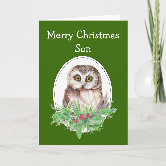 Tarjeta Festiva Navidades Son Cute Owl Bird Holly PIne (Anverso)