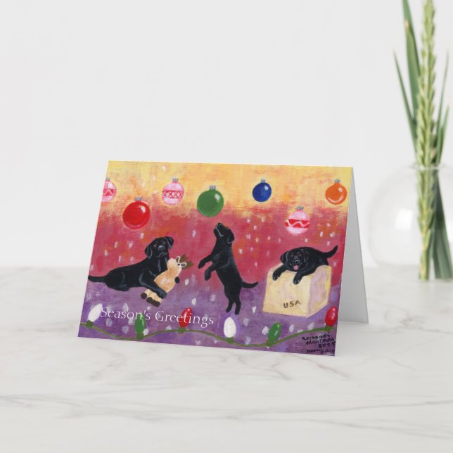 Tarjeta Festiva Navidades soñando con el labrador negro (Anverso)