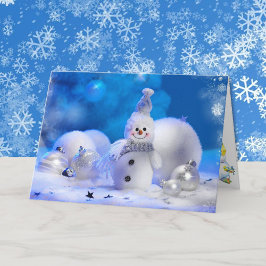 Tarjeta Festiva Navidades sonriendo azul y blanco muñeco de nieve