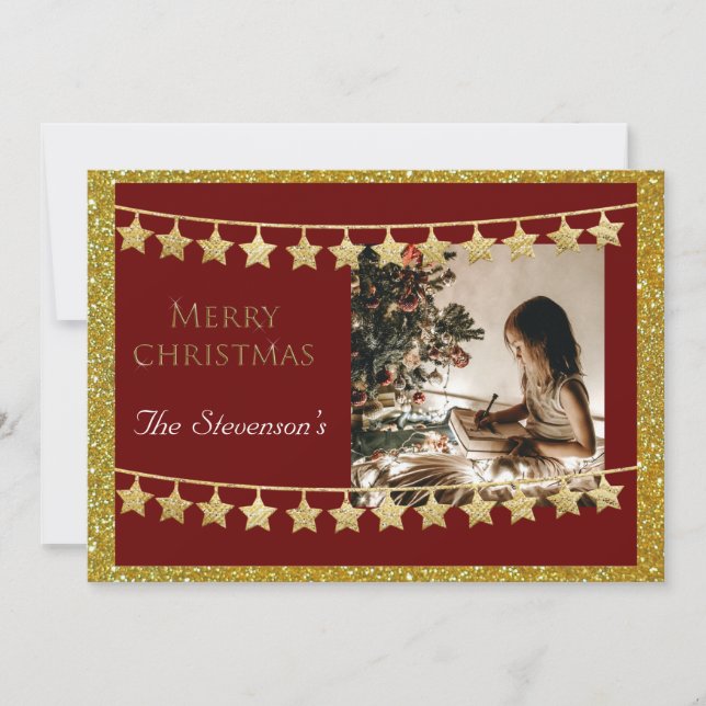 Tarjeta Festiva Navidades Star Garland Photo Red Name Personalize (Anverso)