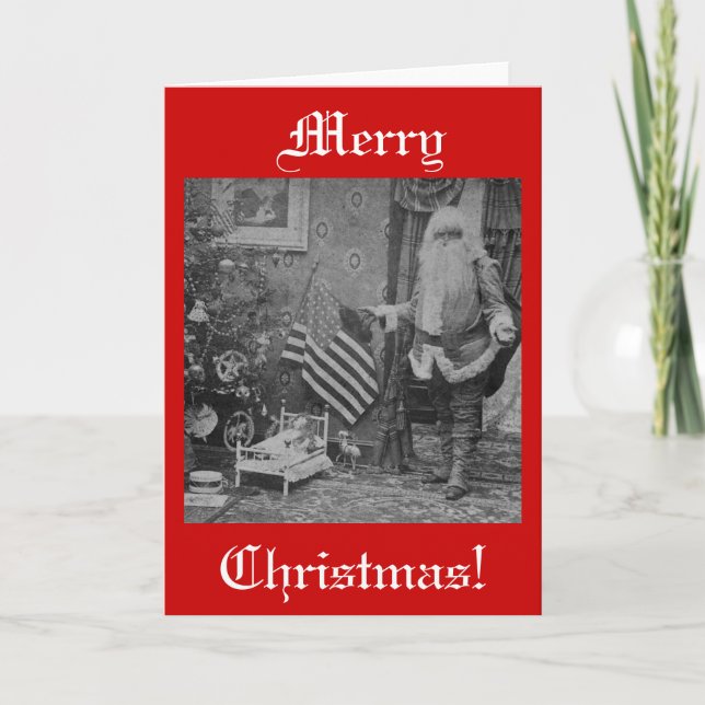 Tarjeta Festiva Navidades Stereoview Santa & Bandera Americana (Anverso)