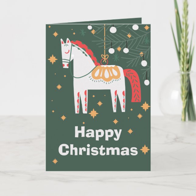 Tarjeta Festiva Navidades suecos de Caballos de Dala, blancos (Anverso)