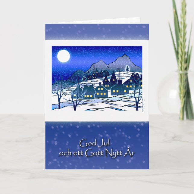 Tarjeta Festiva Navidades suecos, God Jul, Snowy Village (Anverso)