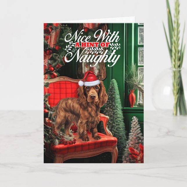 Tarjeta Festiva Navidades Sussex Spaniel Dog Naughty o Nice (Anverso)