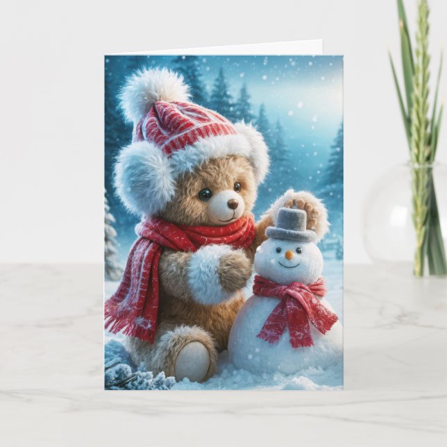 Tarjeta Festiva Navidades Teddy Bear construyendo un muñeco de nie (Anverso)