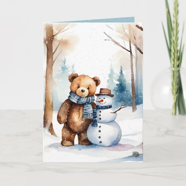 Tarjeta Festiva Navidades Teddy Bear Y Snowman (Anverso)