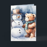 Tarjeta Festiva Navidades Teddy Bear Y Snowman<br><div class="desc">Oso de peluche marrón color agua en copos de nieve con muñeco de nieve. El texto es editable.</div>