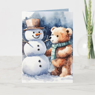 Tarjeta Festiva Navidades Teddy Bear Y Snowman