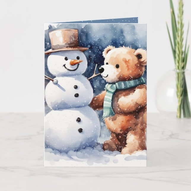 Tarjeta Festiva Navidades Teddy Oso Con Snowman (Anverso)
