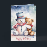 Tarjeta Festiva Navidades Teddy Oso Con Snowman<br><div class="desc">Oso de peluche marrón color agua con muñeco de nieve. El texto es editable.</div>