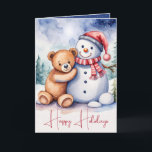 Tarjeta Festiva Navidades Teddy Oso Con Snowman<br><div class="desc">Oso de peluche marrón color agua con muñecas de nieve y copos de nieve. El texto es editable.</div>