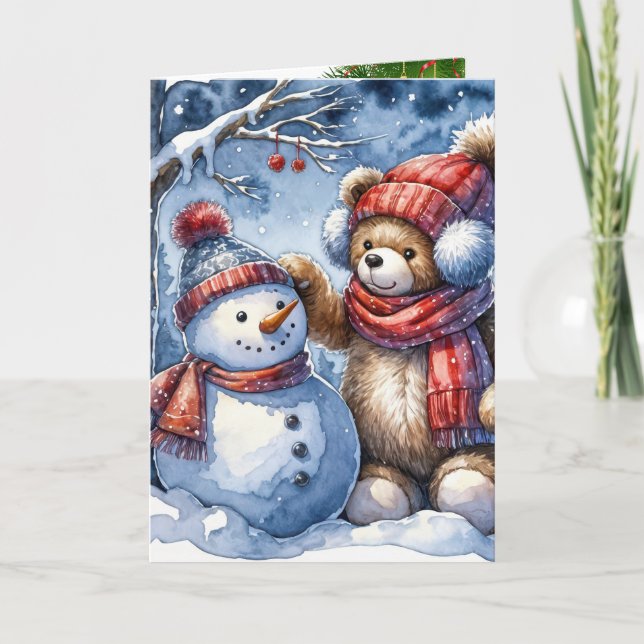 Tarjeta Festiva Navidades Teddy Oso con un muñeco de nieve (Anverso)