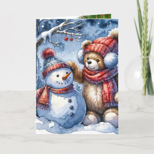 Tarjeta Festiva Navidades Teddy Oso con un muñeco de nieve