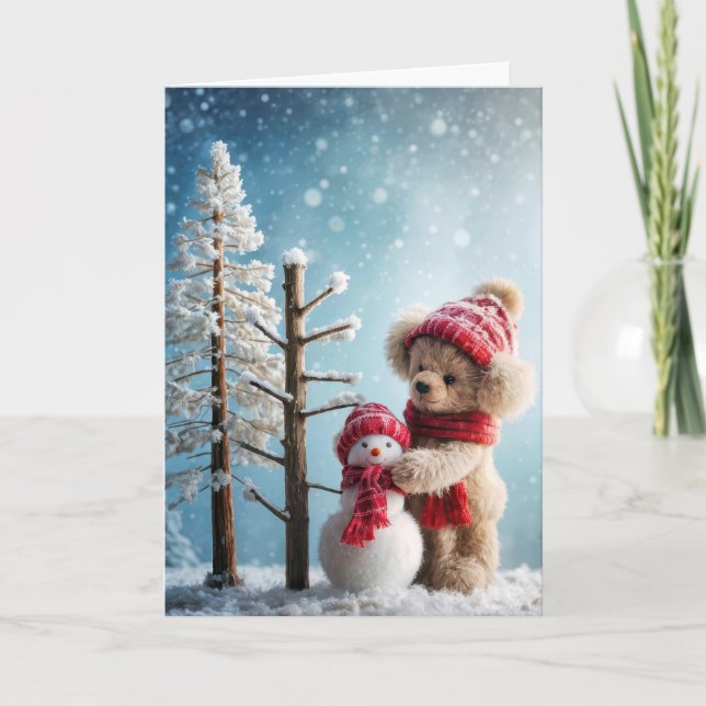 Tarjeta Festiva Navidades Teddy Oso con un muñeco de nieve (Anverso)