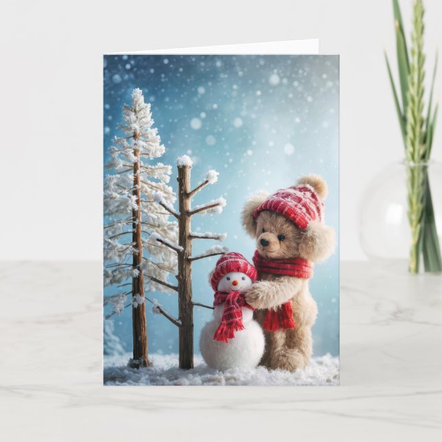 Tarjeta Festiva Navidades Teddy Oso con un muñeco de nieve (Anverso)