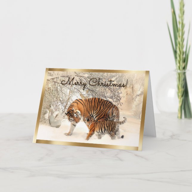 Tarjeta Festiva Navidades Tigre bebé y madre tigre en bosque de ni (Anverso)
