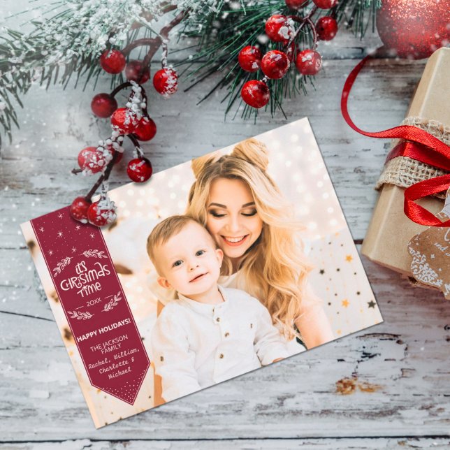 Tarjeta Festiva Navidades Time burgundi feliz foto de vacaciones (Subido por el creador)