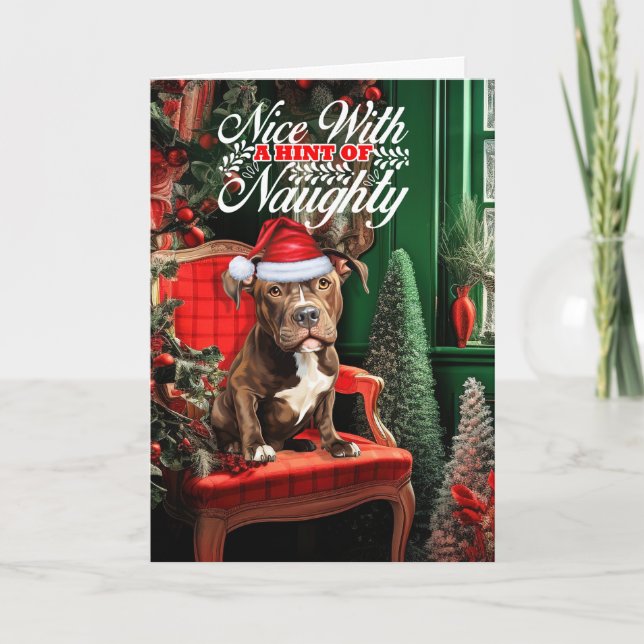 Tarjeta Festiva Navidades traviesos o bonitos de Pitbull Santa Dog (Anverso)