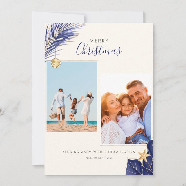 Tarjeta Festiva Navidades Tropical de 2 Fotografías de Navy Blue y (Anverso)