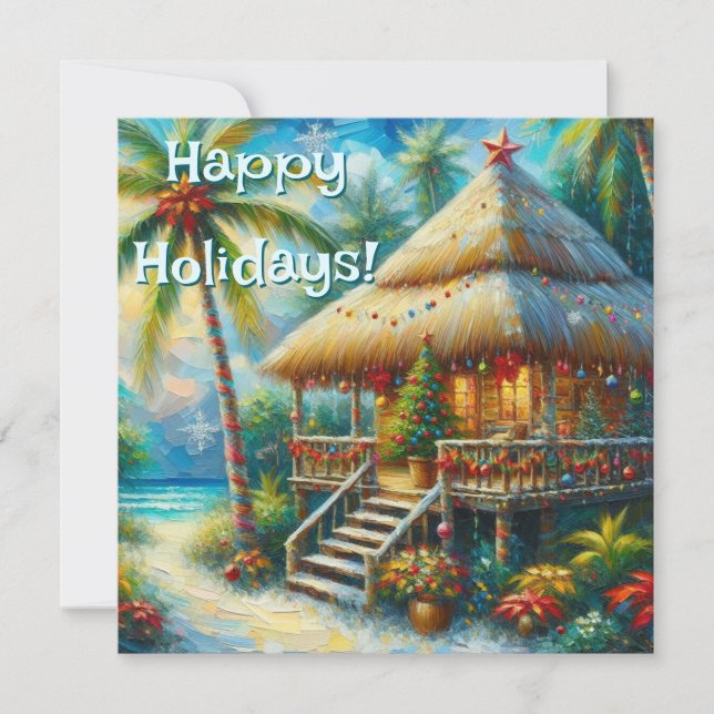 Tarjeta Festiva Navidades Tropical Hut Palm Tree Beach Lights (Anverso)