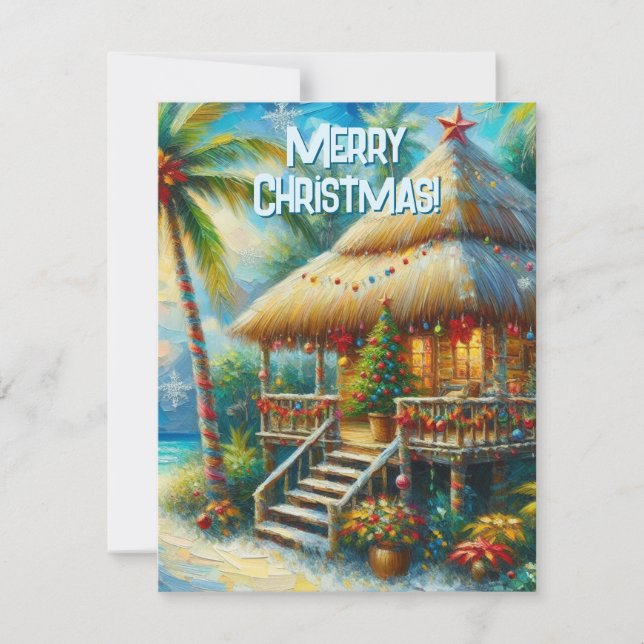 Tarjeta Festiva Navidades Tropical Hut Palm Tree Beach Lights (Anverso)