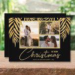 Tarjeta Festiva Navidades Tropical MultiCollage de fotos<br><div class="desc">Tres fotos acentuadas con falsos frondas de palmeras purpurinas sobre un fondo negro (ver más colores en nuestra tienda), estas tarjetas de fotos navideñas de vacaciones tienen sus nombres en la parte inferior con letras de moda. Seleccione Matte para el papel más pesado y la Alta Definición para la mejor...</div>