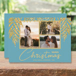 Tarjeta Festiva Navidades Tropical MultiCollage de fotos<br><div class="desc">Tres fotos acentuadas con falsos frondas de palmeras purpurinas sobre un fondo acuático (ver más colores en nuestra tienda), estas tarjetas de fotos navideñas de vacaciones tienen sus nombres en la parte inferior con letras de moda. Seleccione Matte para el papel más pesado y la Alta Definición para la mejor...</div>