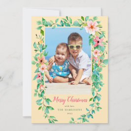 Tarjeta Festiva Navidades tropicales con flores amarillo y verde f