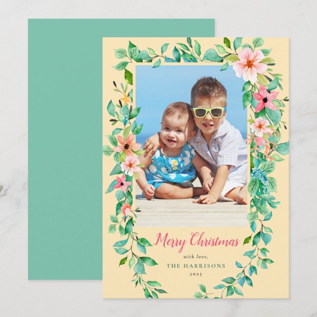 Tarjeta Festiva Navidades tropicales con flores amarillo y verde f (Anverso / Reverso)
