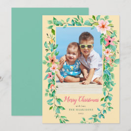 Tarjeta Festiva Navidades tropicales con flores amarillo y verde f