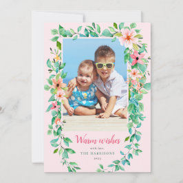 Tarjeta Festiva Navidades tropicales con foto rosa floral