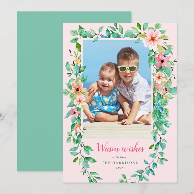 Tarjeta Festiva Navidades tropicales con foto rosa floral (Anverso / Reverso)
