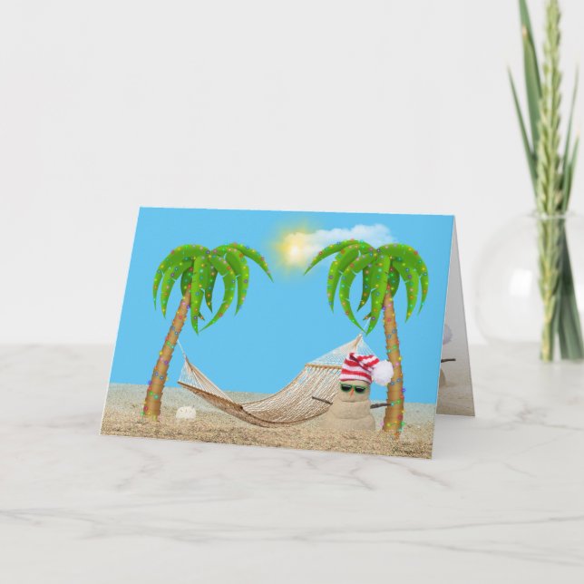 Tarjeta Festiva Navidades tropicales con sandmán y hamaca (Anverso)